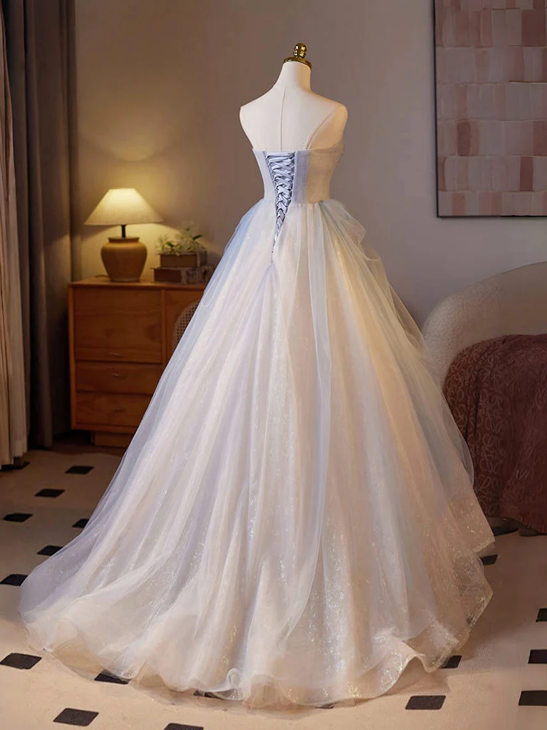 A-Line Sweetheart Neck Tulle Sequin Champagne Long Prom Dress - Deanwangkt