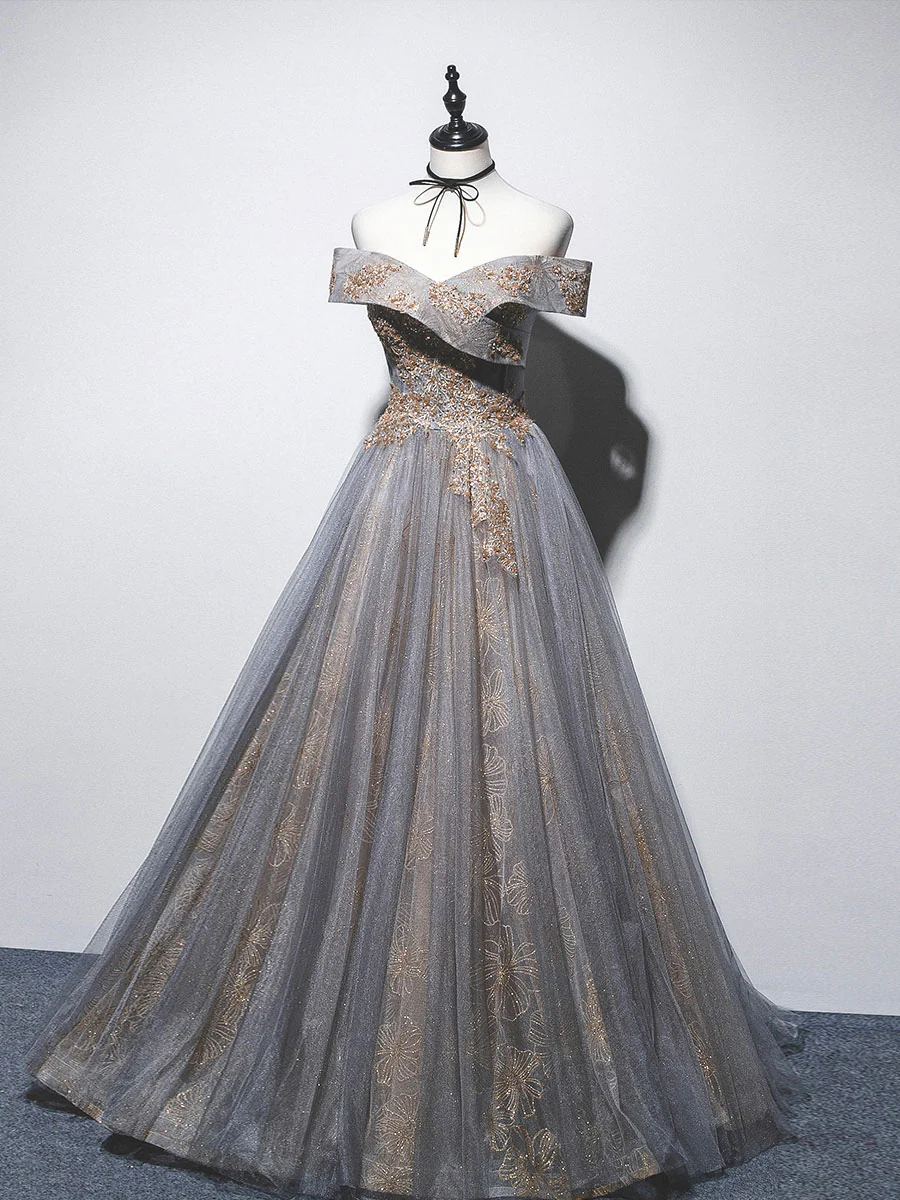Unique Off Shoulder Tulle Long Gray Prom Dress, A line Tulle Lace Evening Dress - Deanwangkt