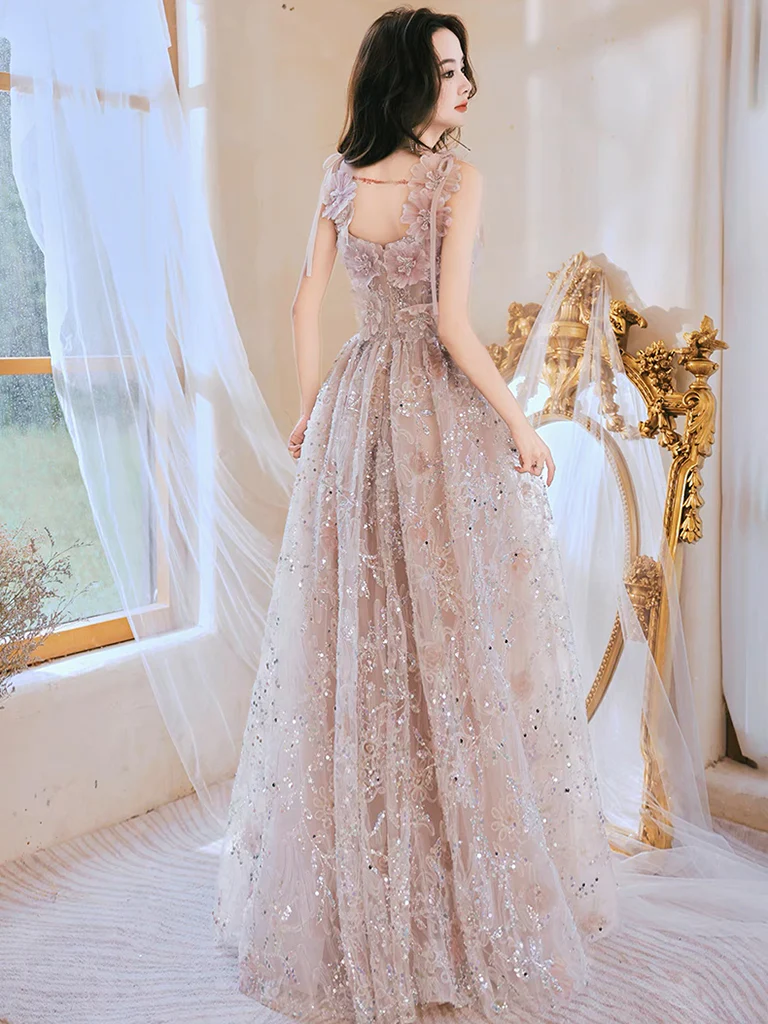Unique Tulle Lace Pink Long Prom Dress, Lace Pink Long Evening Dress - Deanwangkt