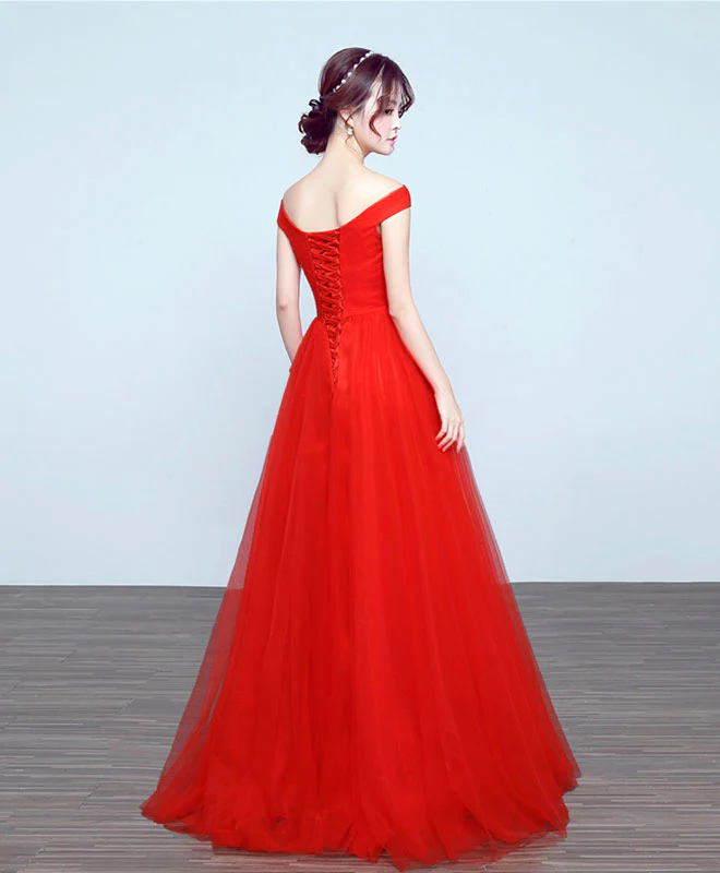 Simple V Neck Tulle A Line Long Prom Dress, Evening Dress - Deanwangkt