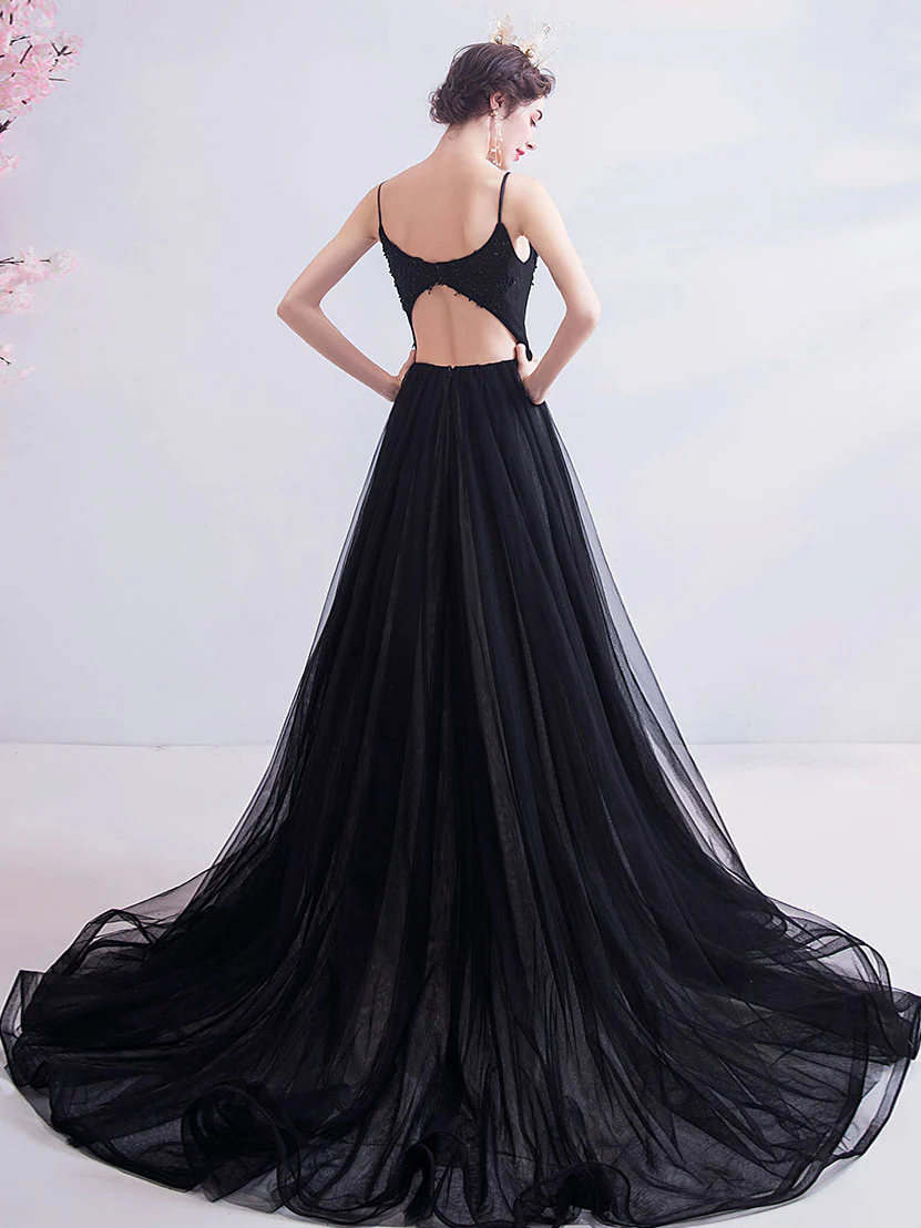 Black V Neck Tulle Lace Long Prom Dress, Black Evening Dress - Deanwangkt