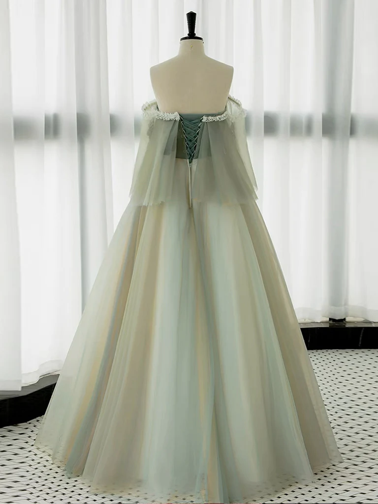 A-Line Green Tulle Lace Long Prom Dress, Green Tulle Lace Long Formal Dress - Deanwangkt