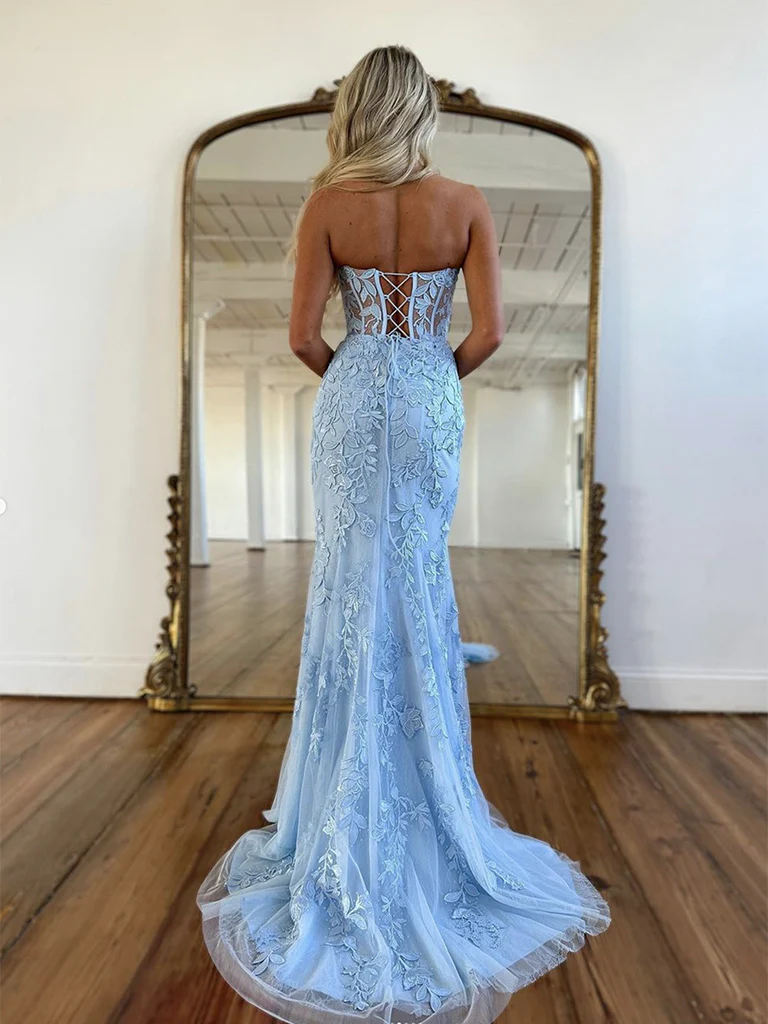 Blue Tulle Lace Mermaid Long Prom Dress, Sweetheart Neck Blue Graduation Dress - Deanwangkt