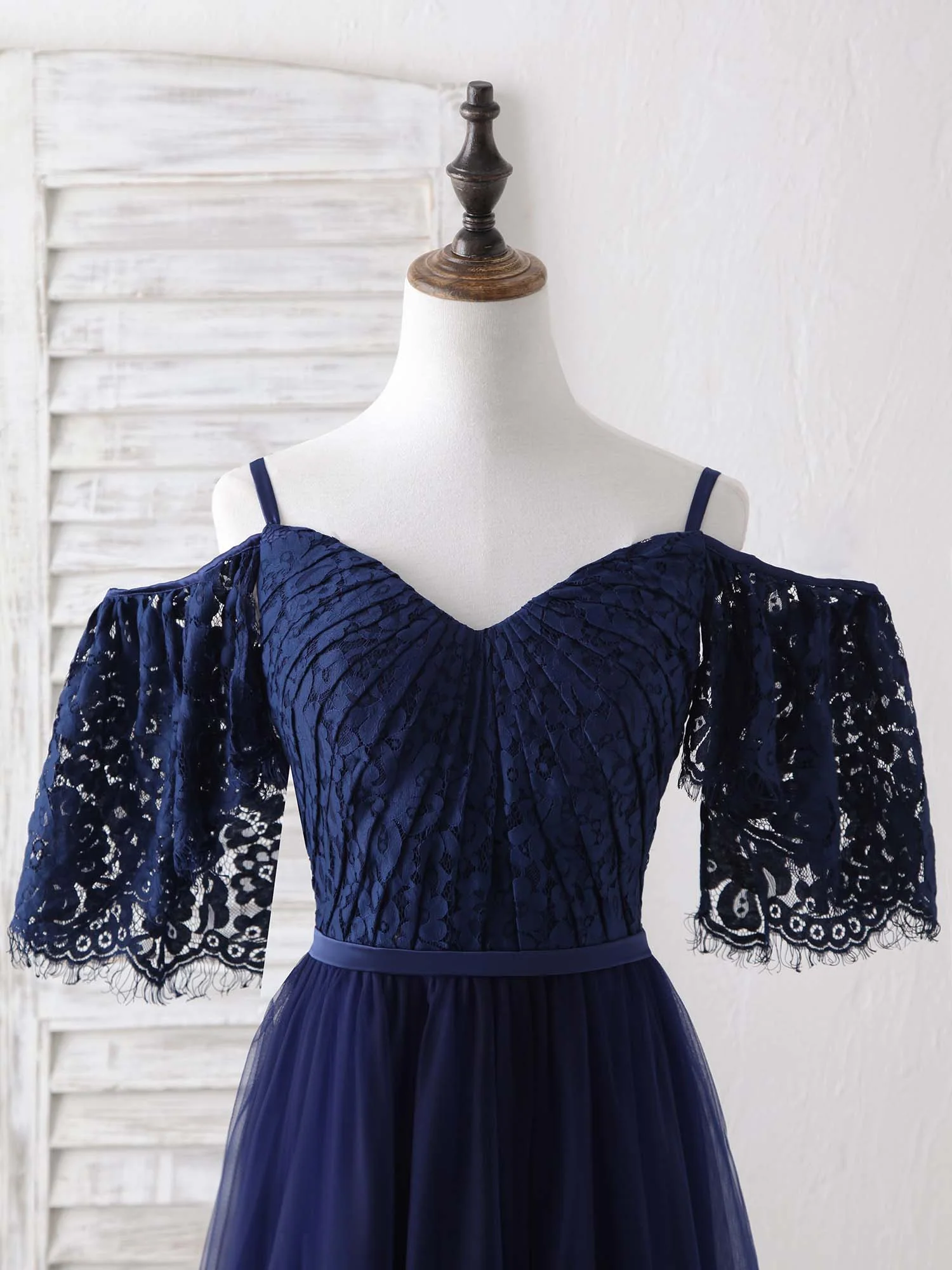 Dark Blue A-Line Lace Tulle Long Prom Dress Blue Evening Dress - Deanwangkt