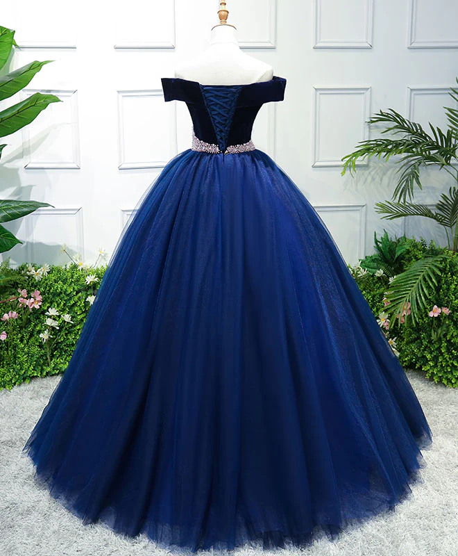 Dark Blue Tulle Off Shoulder Long Prom Dress, Blue Sweet 16 Dress - Deanwangkt