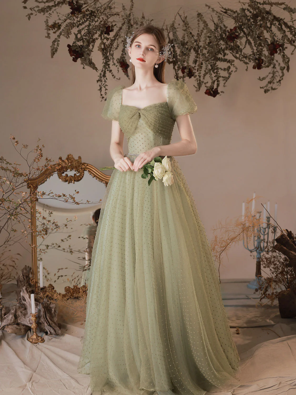 A-Line Green Tulle Long Prom Dresses, Green Tulle Formal Evening Dress - Deanwangkt
