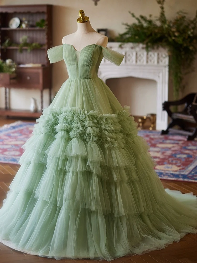 A-Line off Shoulder Tulle Green Long Prom Dress, Green Sweet 16 Dress - Deanwangkt