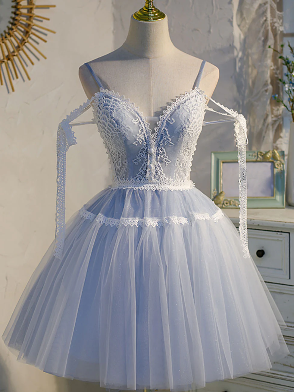 A Line V Neck Lace Blue Short Prom Dresses, Blue Puffy Homecoming Dresses - Deanwangkt