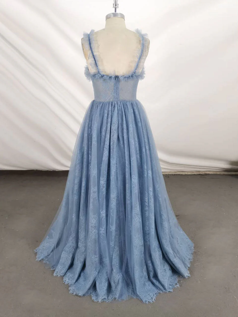 Gray Sweetheart Neck Tulle Lace Long Prom Dress Blue Formal Dress - Deanwangkt