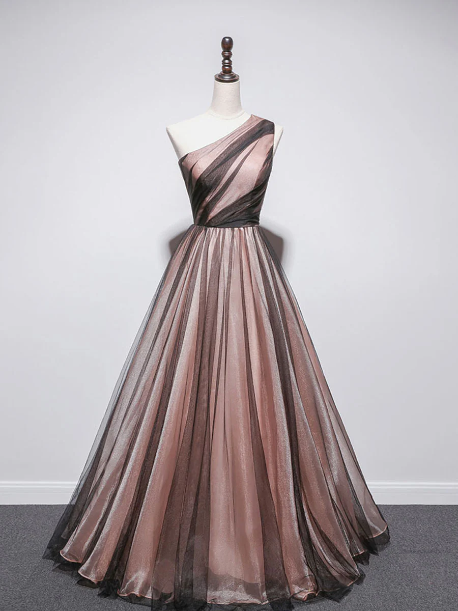 Simple One Shoulder Tulle Long Prom Dresses, A line Tulle Evening Dress - Deanwangkt