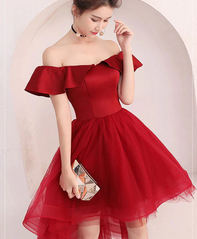 Cute Burgundy Tulle Off Shoulder Short Prom Dress, Burgundy Homecoming Dress - Deanwangkt