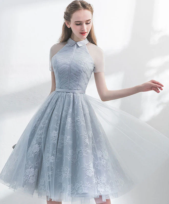 Unique Gray Tulle Lace Short Prom Dress, Gray Homecoming Dress - Deanwangkt