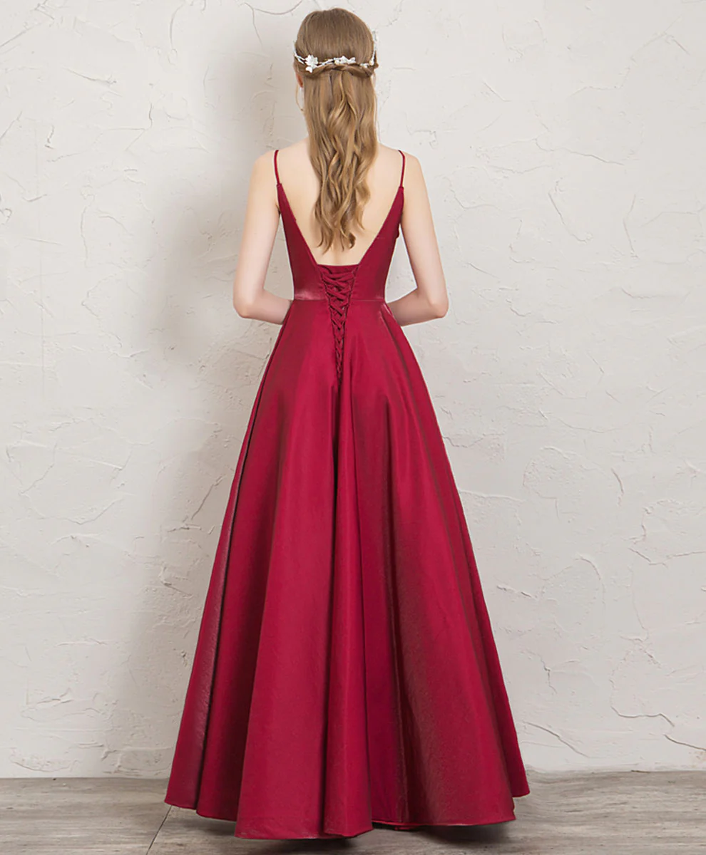 Simple V Neck A Line Satin Long Prom Dress Red Evening Dress - Deanwangkt