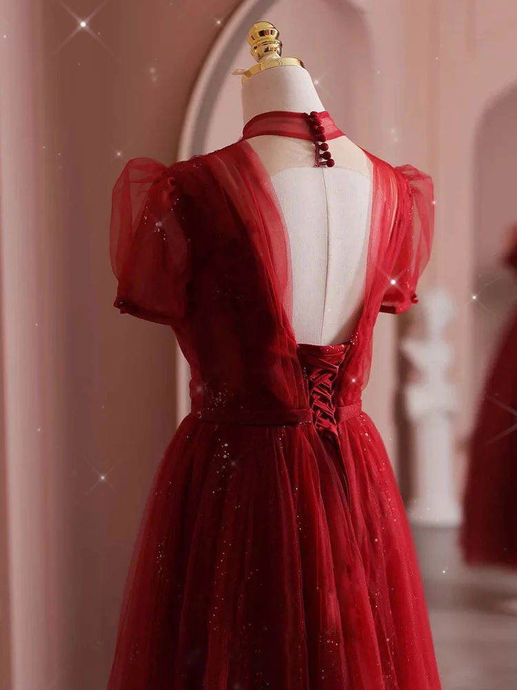 Burgundy  Tulle Sequin Long Prom Dress, Burgundy Tulle Formal Dresses - Deanwangkt