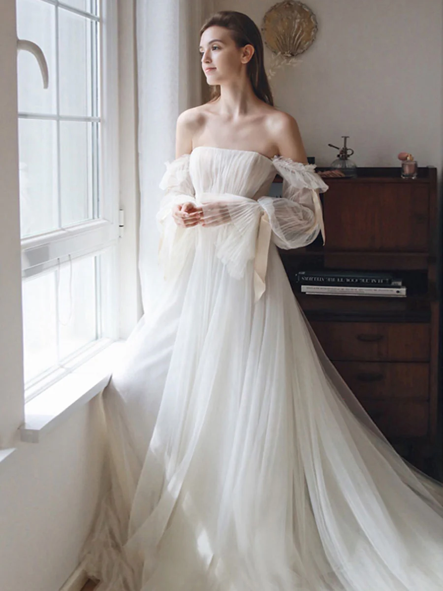 White Tulle A line Long Prom Dress, White Formal Dresses - Deanwangkt
