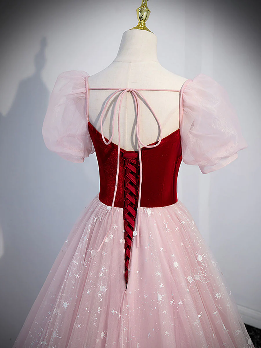 Pink A line Tulle Long Prom Dress, Pink Tulle Evening Graduation Dresses - Deanwangkt