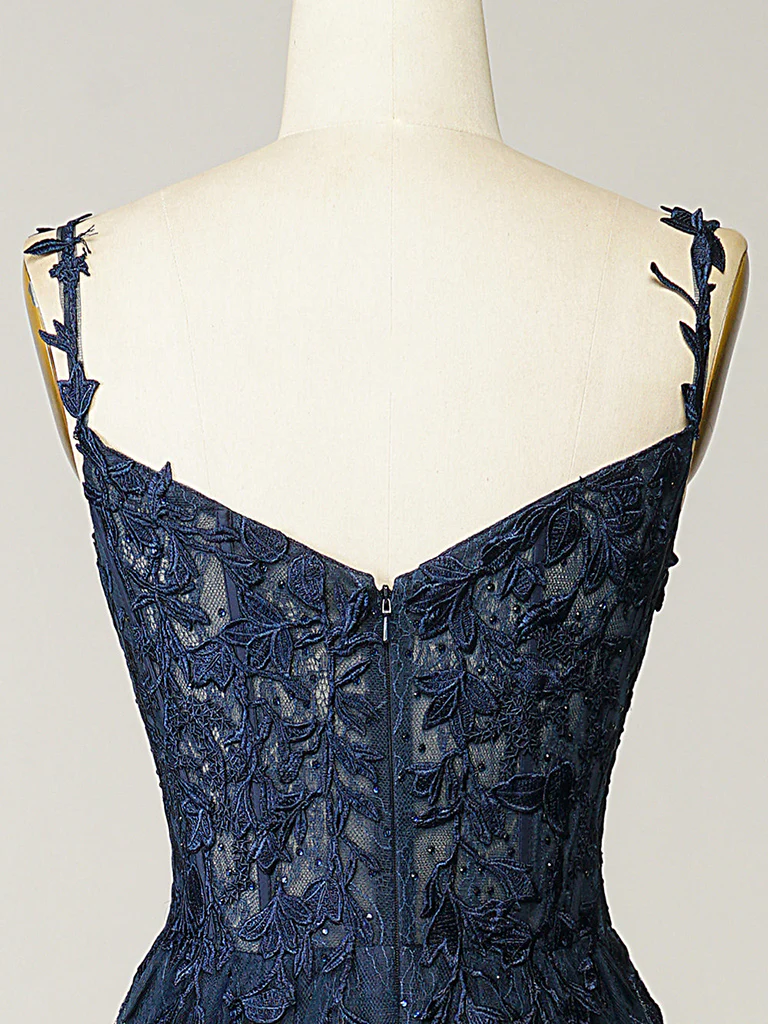 A-Line Sweetheart Neck Tulle Lace Dark Blue Long Prom Dress, Dark Blue Long Formal Dress - Deanwangkt