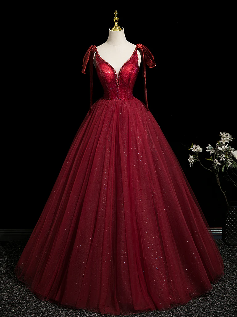 A-Line V Neck Tulle Sequin Burgundy Long Prom Dress, Burgundy Long Evening Dress - Deanwangkt