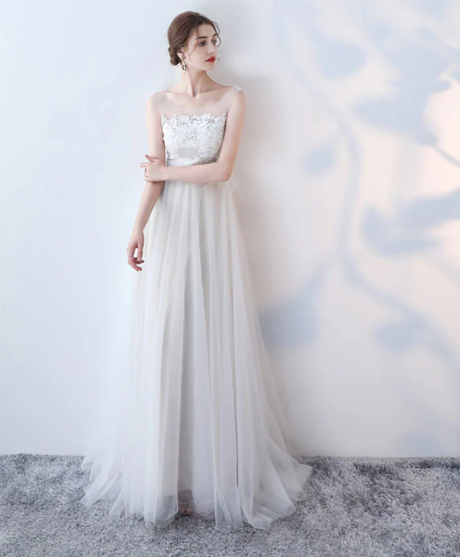 Elegant White Lace Tulle Long Prom Dress, White Evening Dress - Deanwangkt