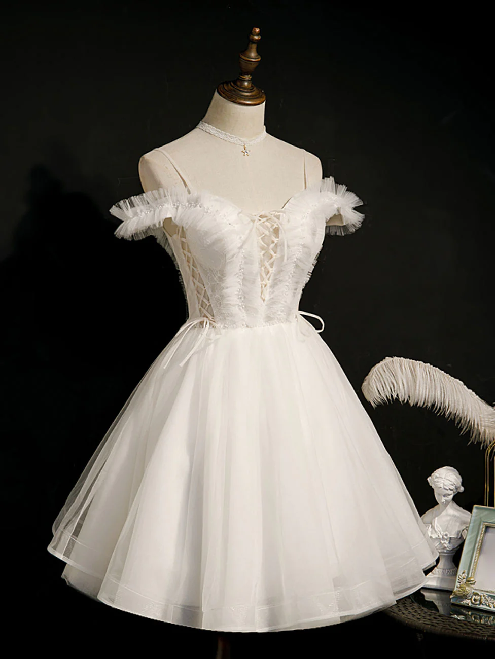 White Short Prom Dresses, Off Shoulder White Puffy Homecoming Dresses - Deanwangkt