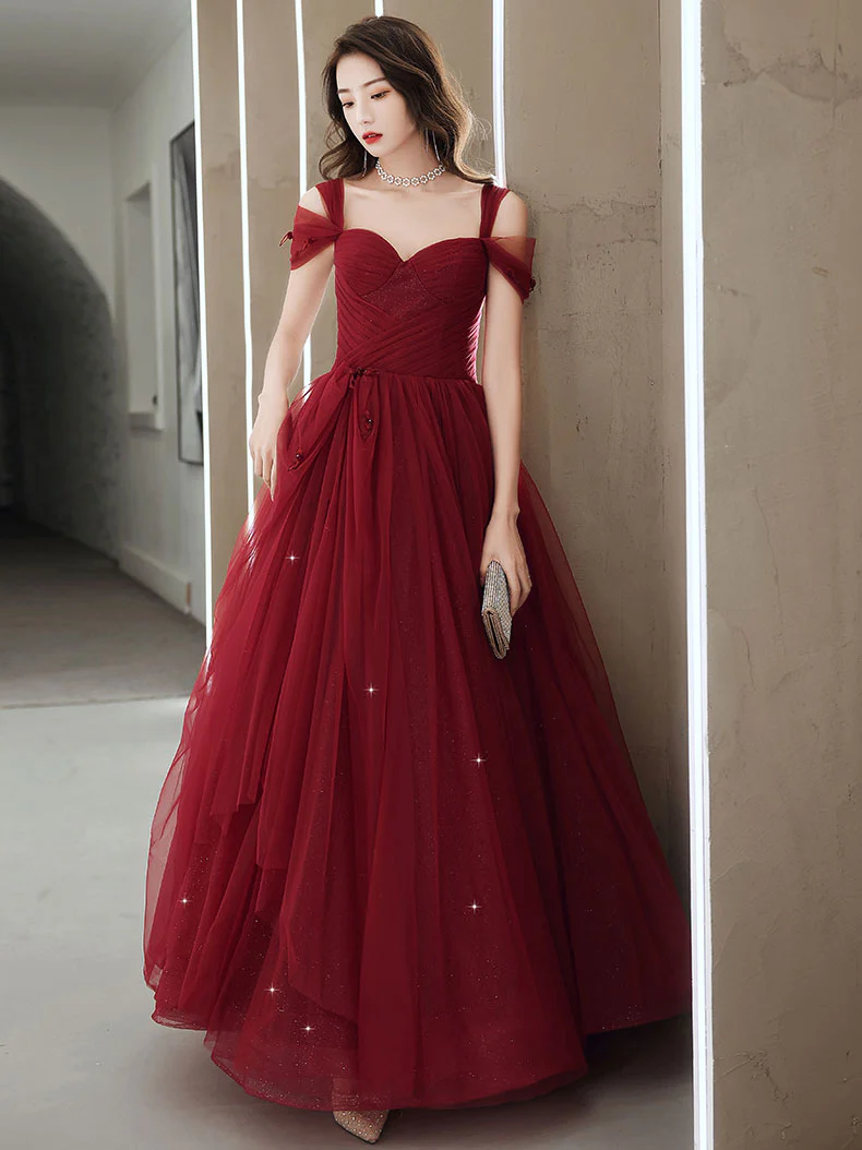 Elegant Sweetheart Neck Burgundy Long Prom Dress, A line Backless Evening Dresses - Deanwangkt