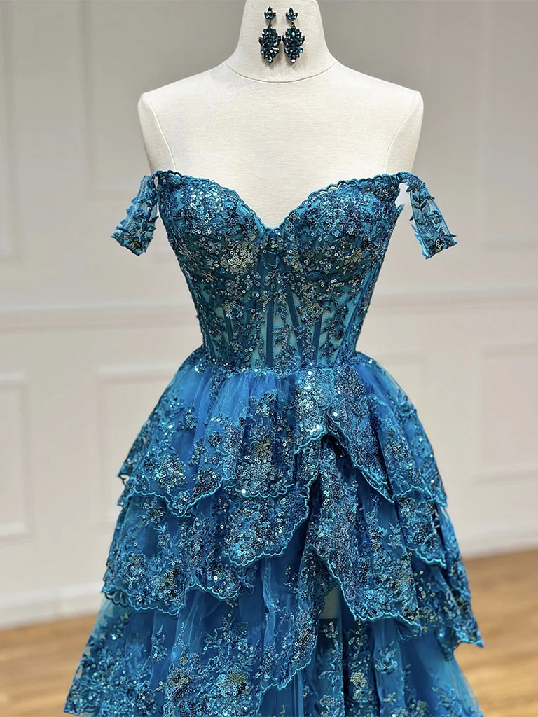 A-Line Tulle Sequin Blue Long Prom Dress, Blue Sequin Long Formal Dress - Deanwangkt