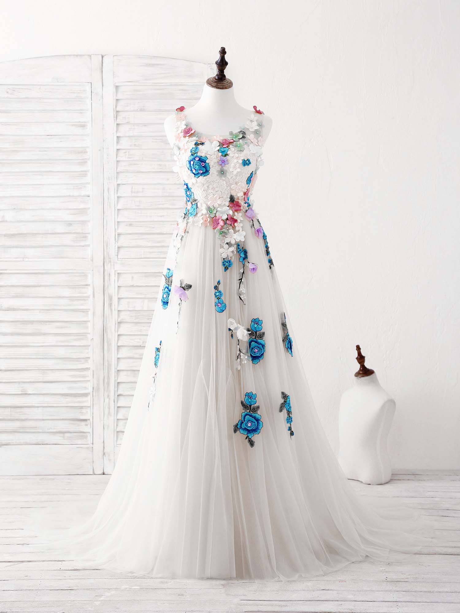 Tulle Lace Applique Long Prom Dress, Ivory Evening Dress - Deanwangkt