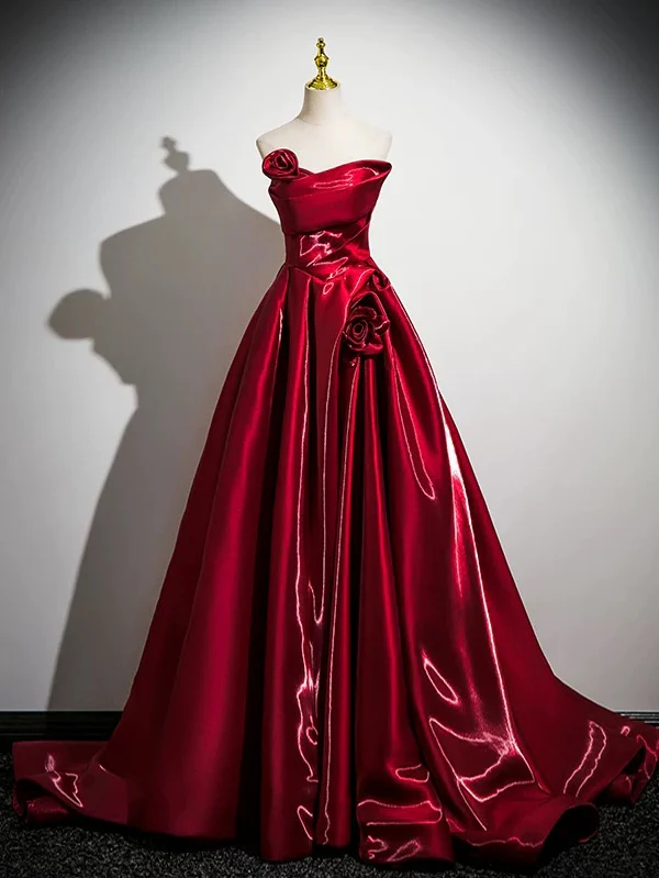A-Line Off Shoulder Satin Burgundy Long Prom Dress, Burgundy Long Formal Dress - Deanwangkt