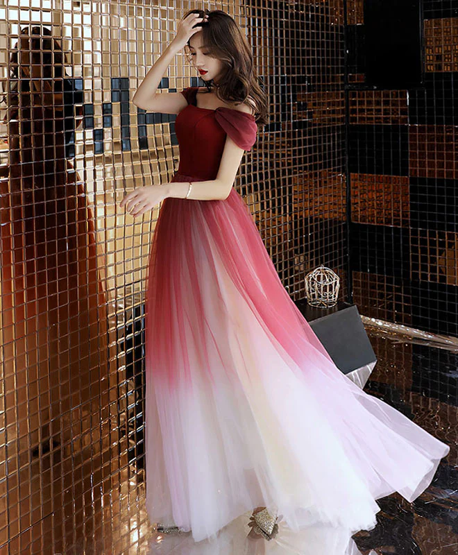 Unique Burgundy Off Shoulder Tulle Long Prom Dress, Burgundy Evening Dress - Deanwangkt