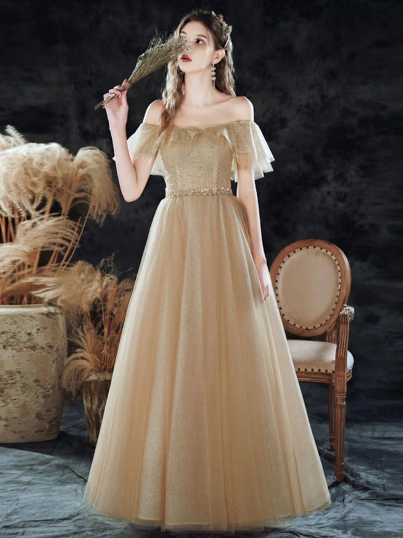 Simple Champagne Tulle Sequin Long Prom Dress, A Line Tulle Evening Dress - Deanwangkt