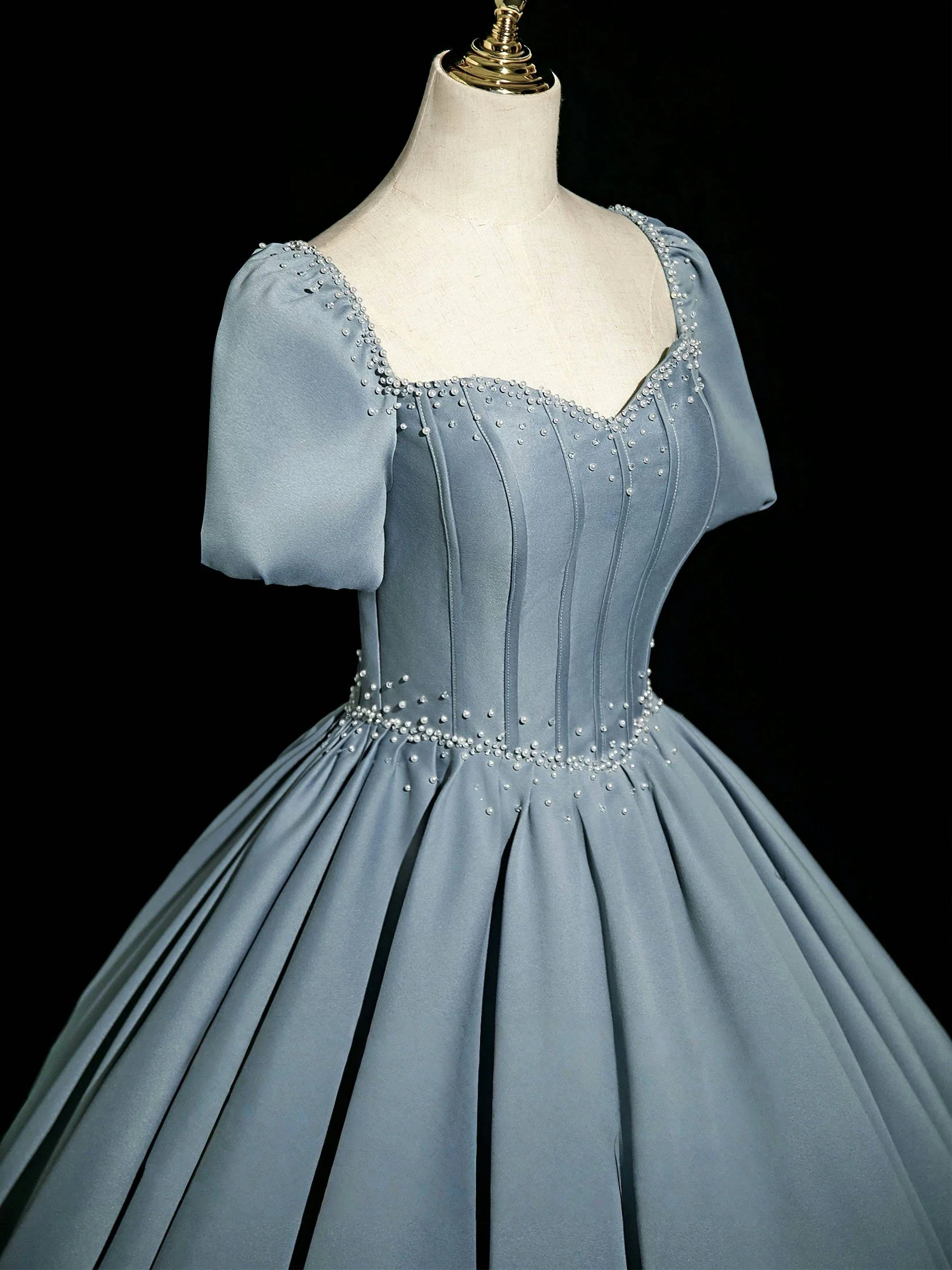 A-Line Sweetheart Neck Satin Gray Blue Long Prom Dress, Gray Blue Long Formal Dress - Deanwangkt