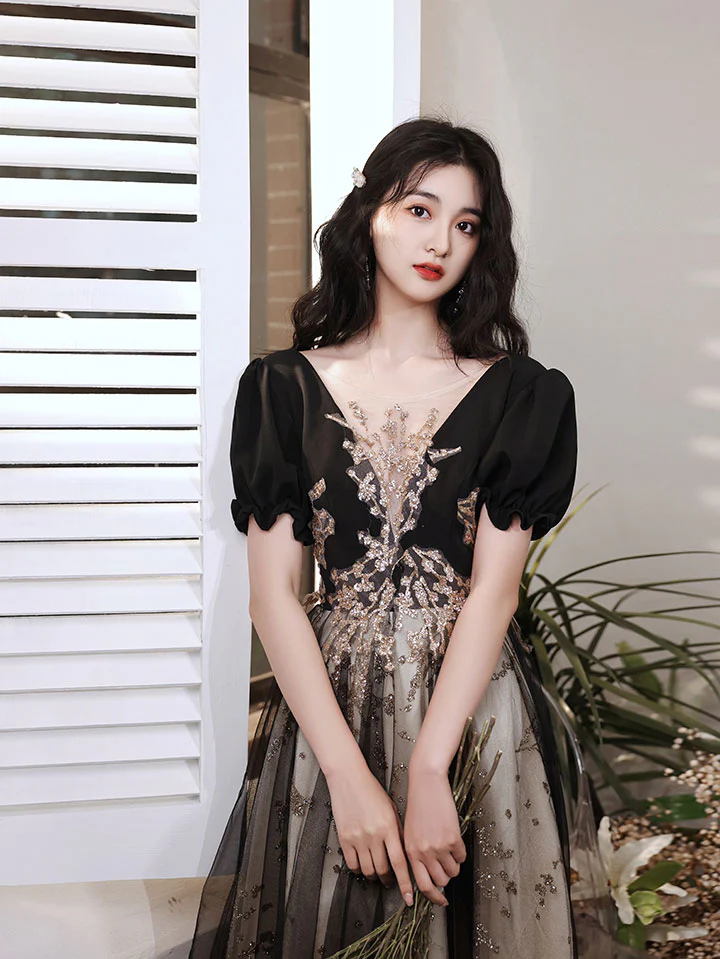 Black V Neck Tulle Lace Short Prom Dress, Black Lace Homecoming Dress - Deanwangkt