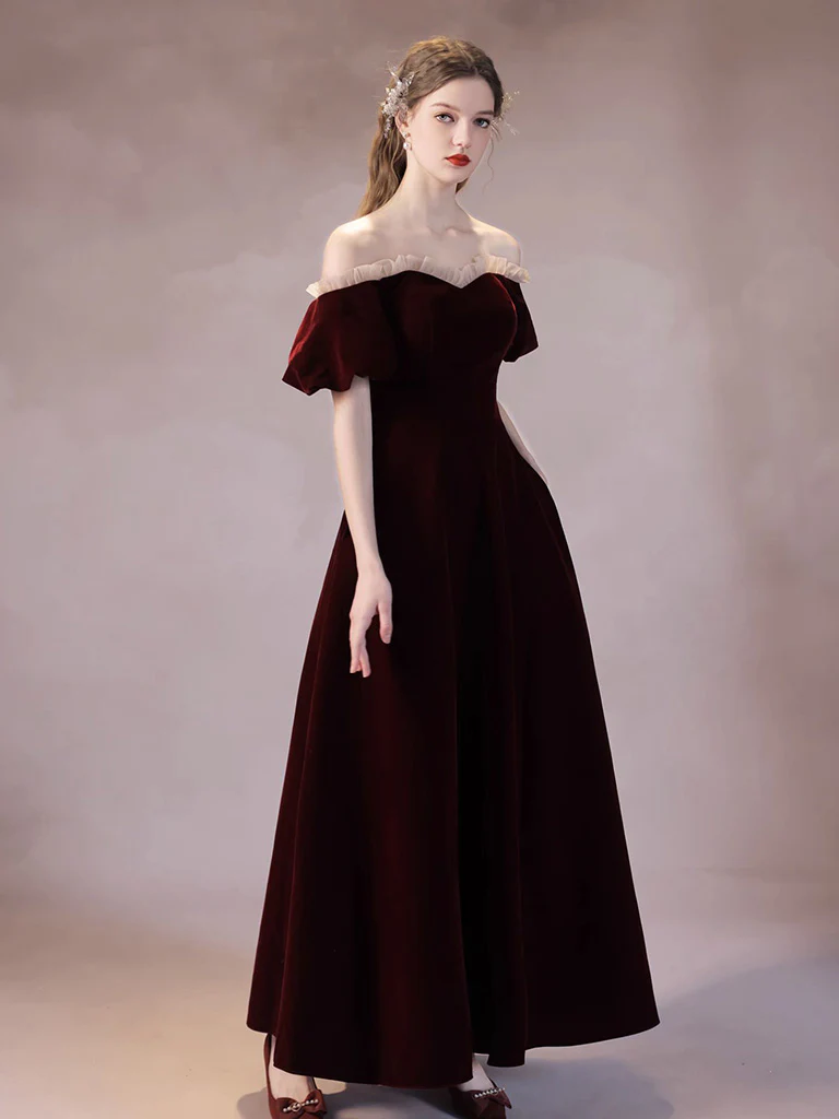 A-Line Burgundy Velvet Long Prom Dress, Burgundy Formal Dress - Deanwangkt