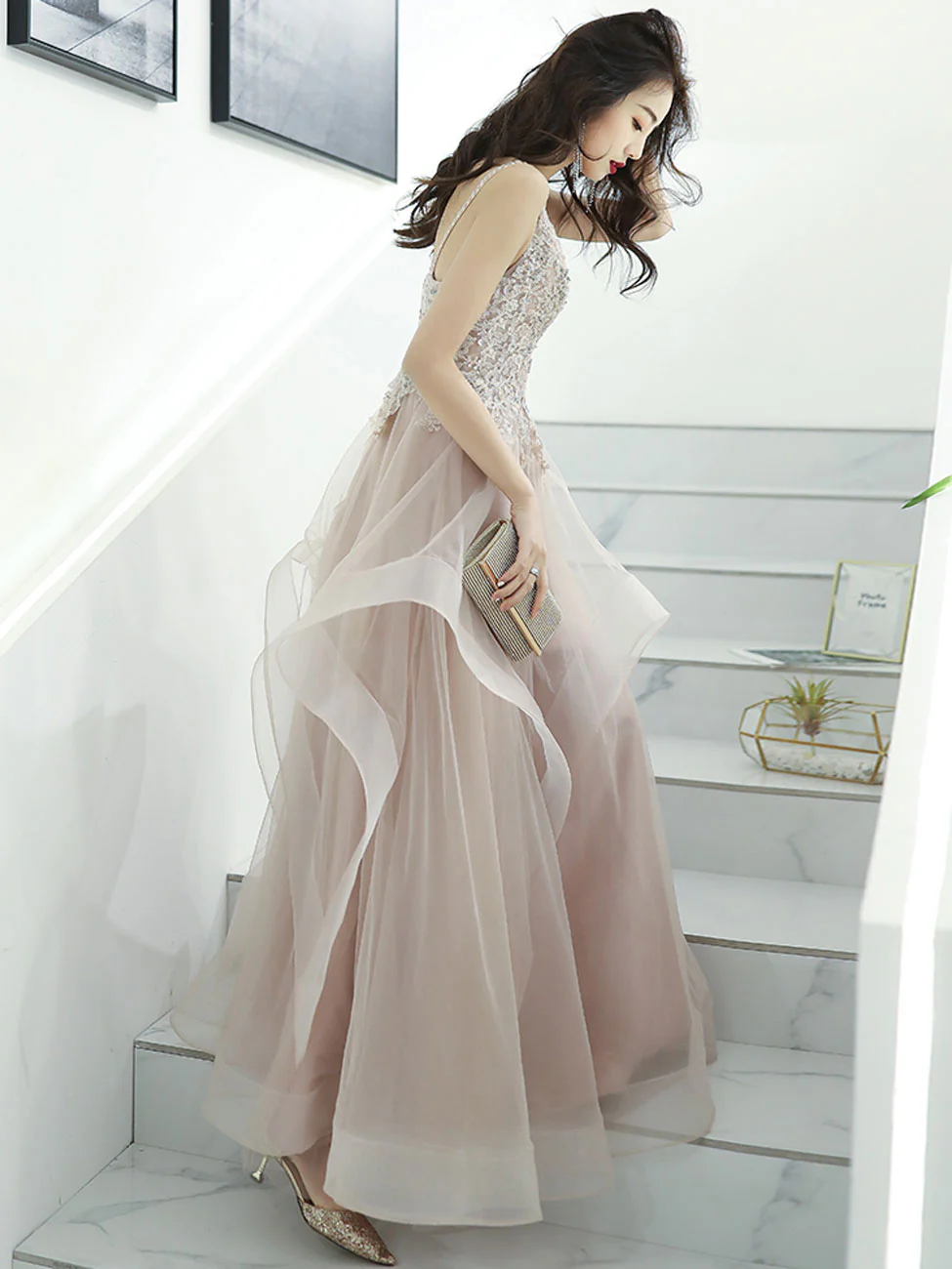 A-Line V Neck Pink Long Prom Dress, Pink Formal Graduation Dress with Lace Beading - Deanwangkt