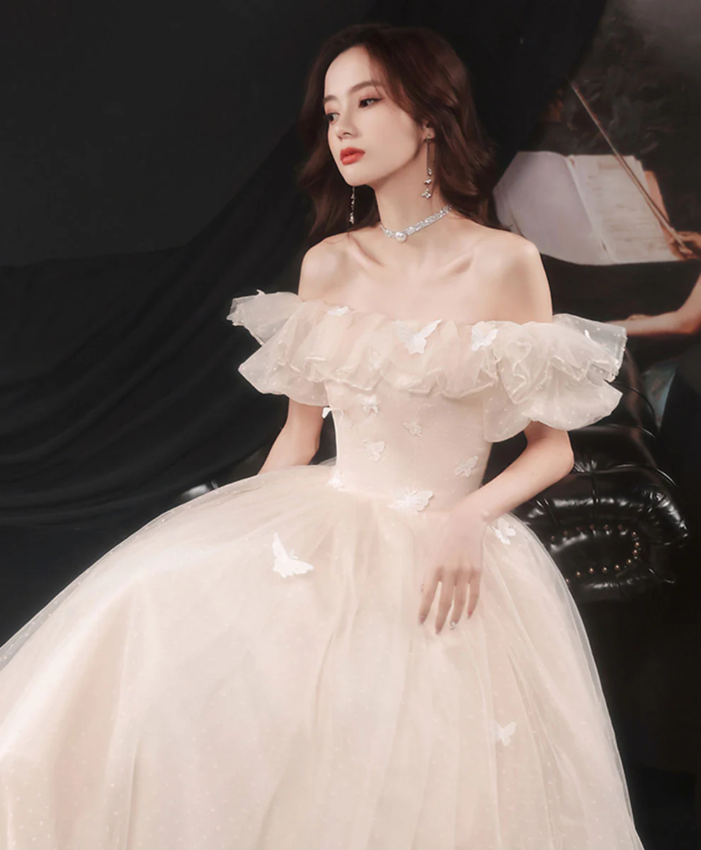 Champagne Long Prom Dress, A line Tulle Formal Graduation Dress with Butterfly - Deanwangkt