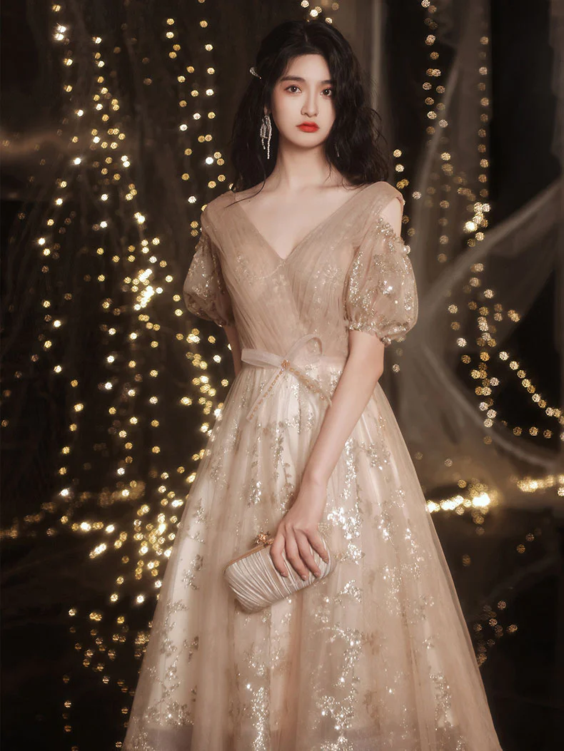 Champagne V Neck Tulle Lace Short Prom Dress, Champagne Homecoming Dress - Deanwangkt