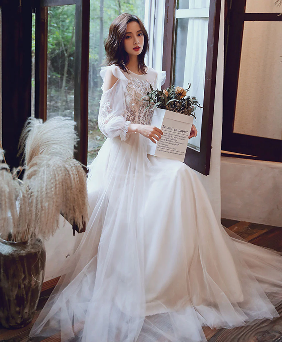 Light Champagne Long Prom Dress, Formal Evening Party Dress with Lace - Deanwangkt