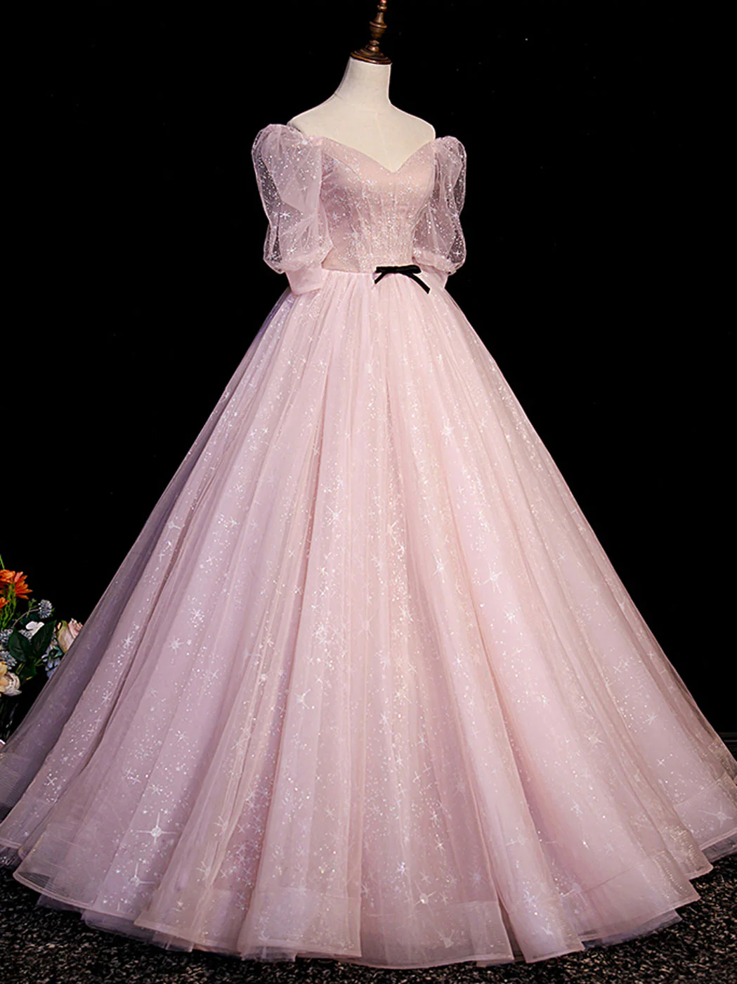 Pink A Line Puffy Sleeves Tulle Long Prom Dress, Pink Sweet 16 Dress - Deanwangkt