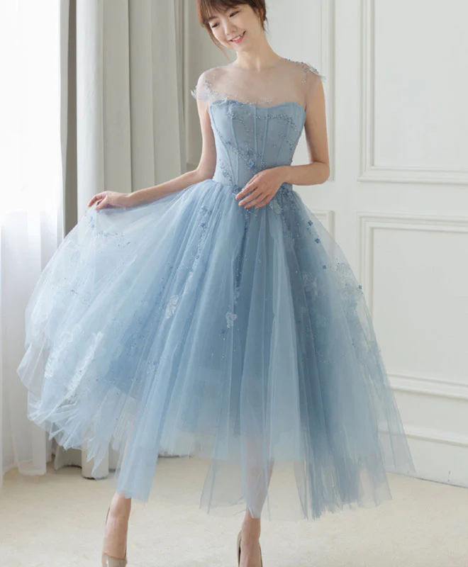Blue Tulle Short Prom Dress, Blue Homecoming Dress with Lace Beading - Deanwangkt