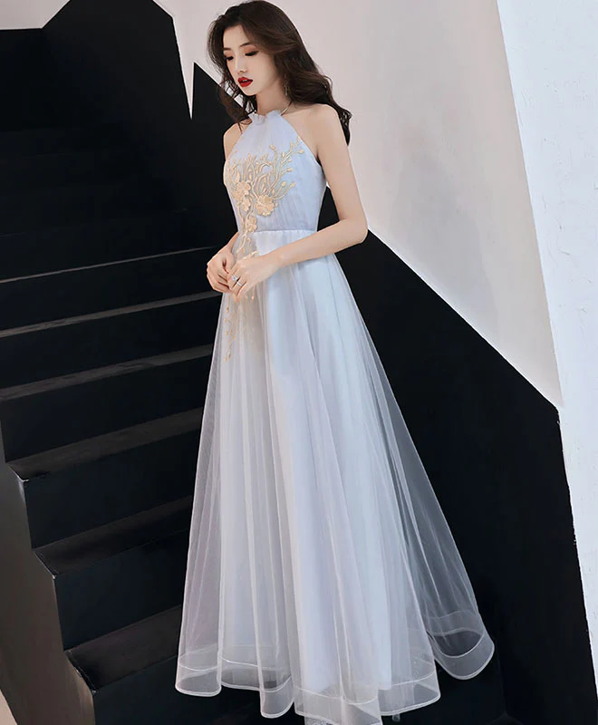 Gray Tulle Lace Long Prom Dress, Gray Tulle Evening Dress - Deanwangkt