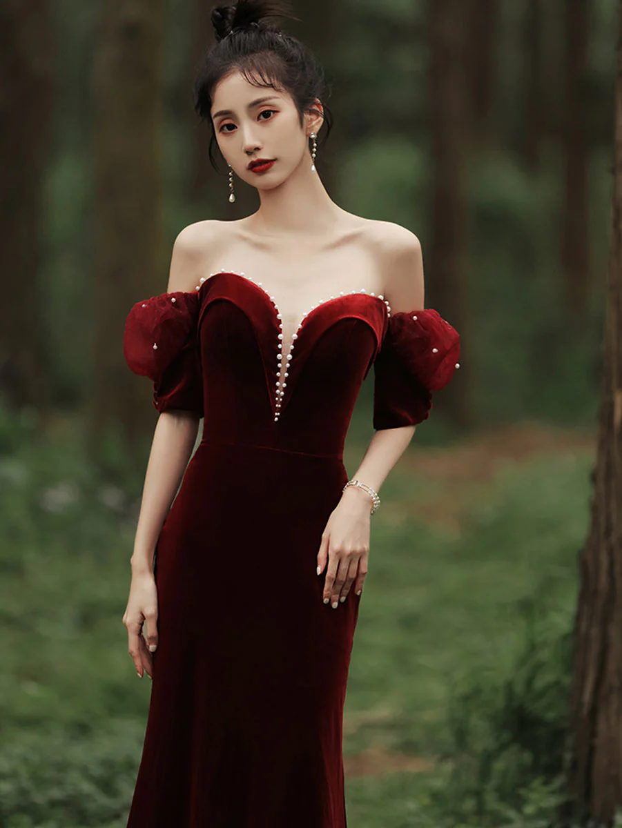 Burgundy Sweetheart Neck Mermaid Long Prom Dress, Velvet Bridesmaid Dress - Deanwangkt