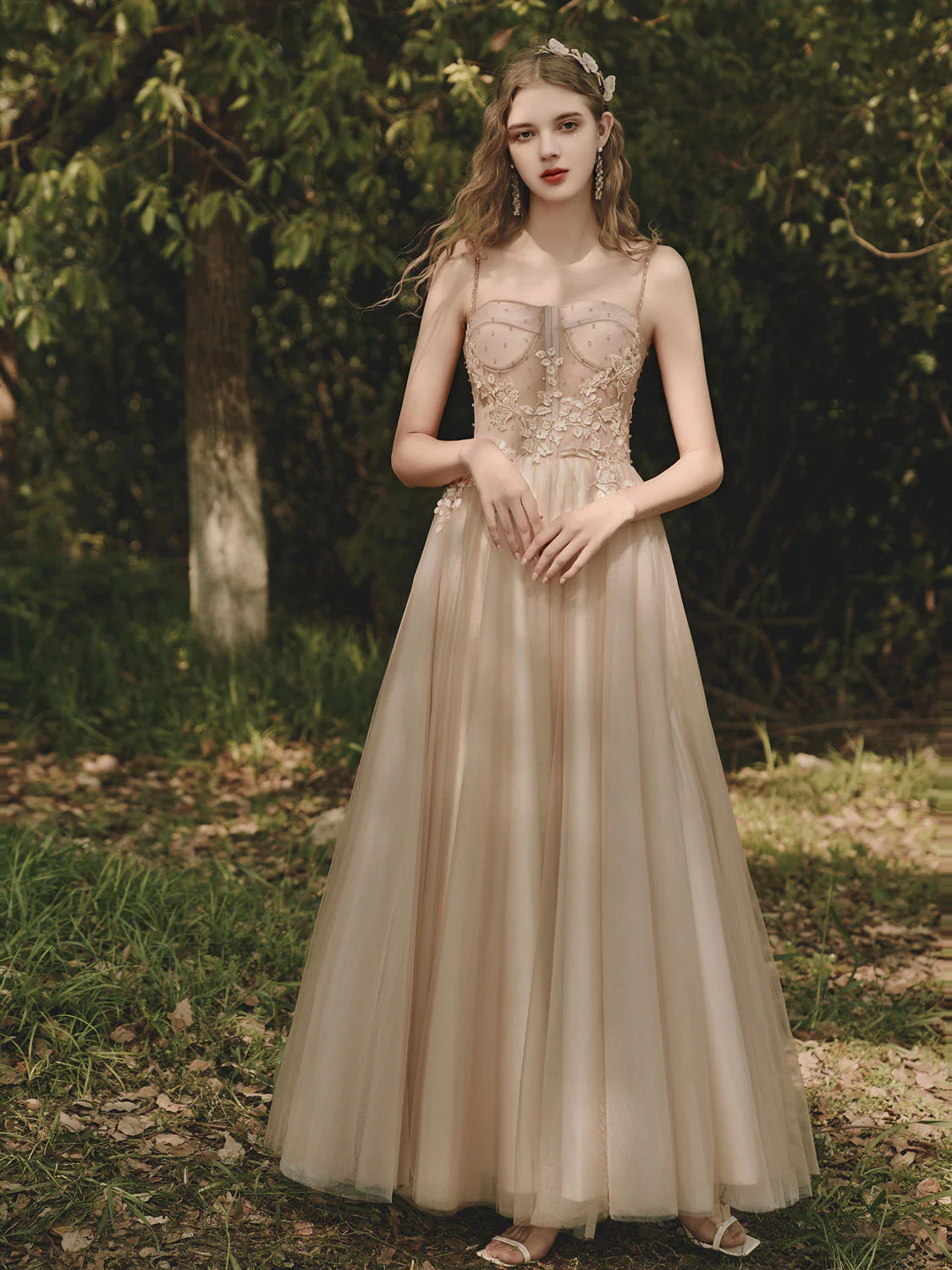 Champagne Tulle Lace Tea Length Prom Dress, Tulle Lace Evening Dress - Deanwangkt