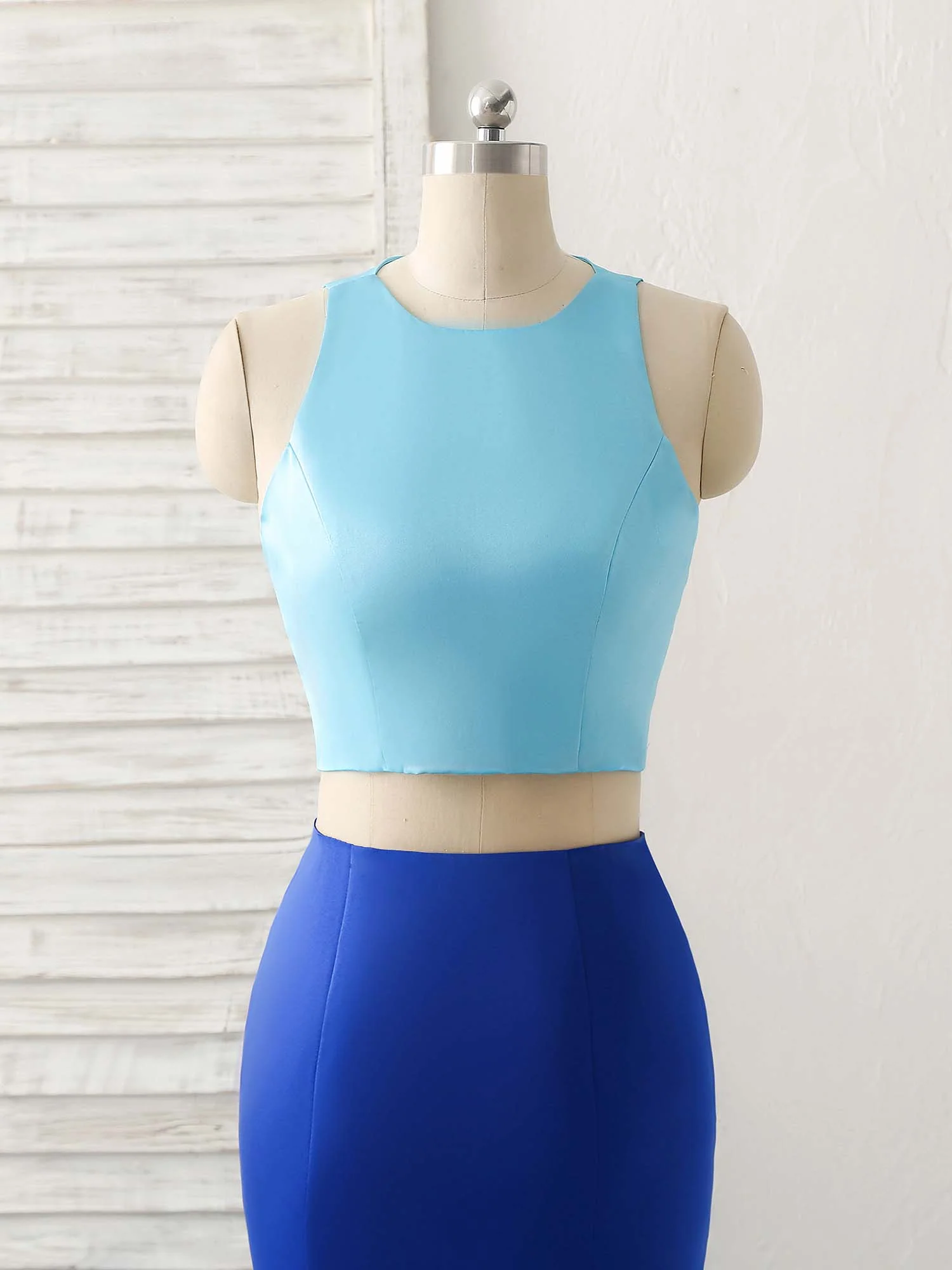 Royal Blue Two Pieces Satin Long Prom Dress, Blue Evening Dress - Deanwangkt