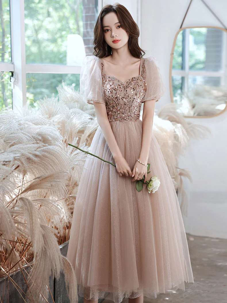 Champagne A-line Tulle Beads Prom Dress, Tulle Bridesmaid Dress - Deanwangkt