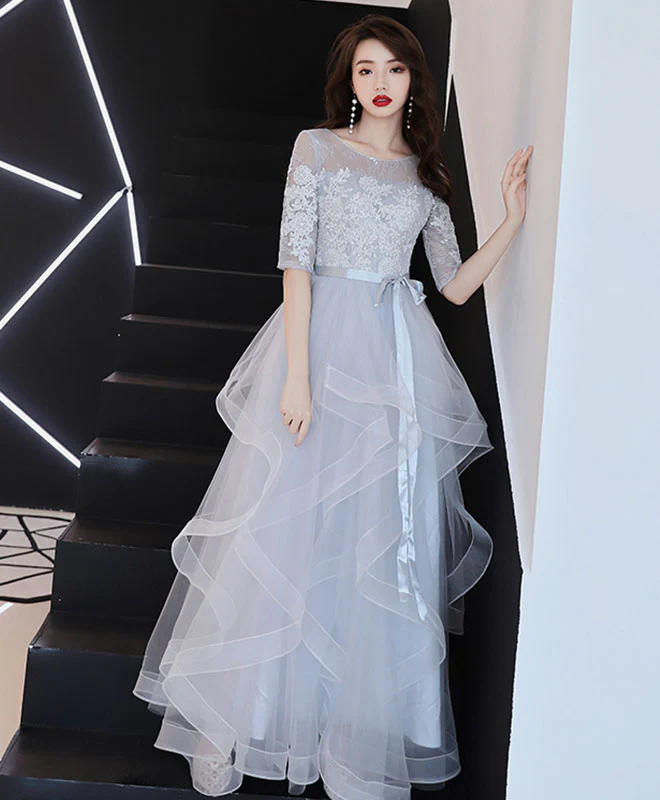Gray Tulle Lace Long Prom Dress, Gray Tulle Formal Graduation Dress - Deanwangkt
