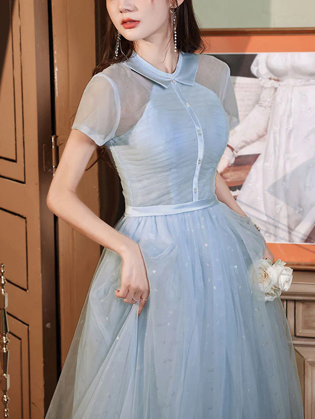 Blue A-line Tulle Long Prom Dress, Tulle Evening Dress - Deanwangkt