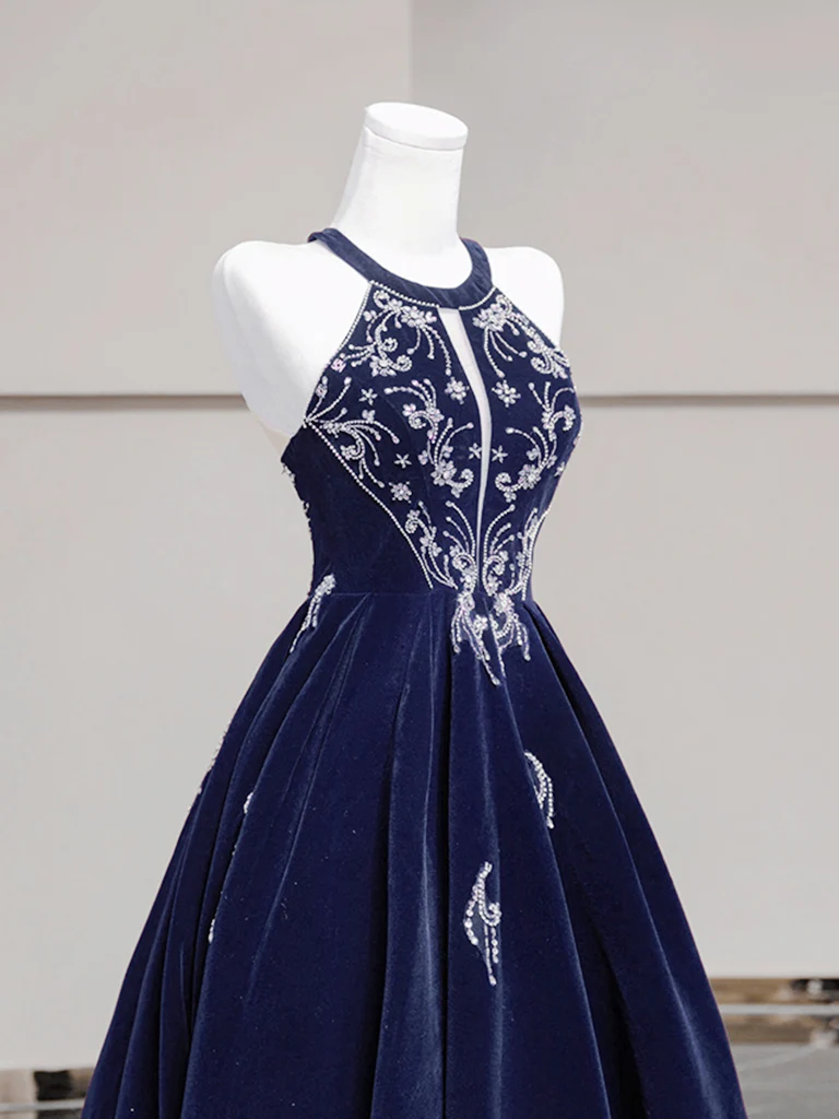 A-Line Velvet Beads Dark Blue Short Prom Dress, Dark Blue Homecoming Dress - Deanwangkt