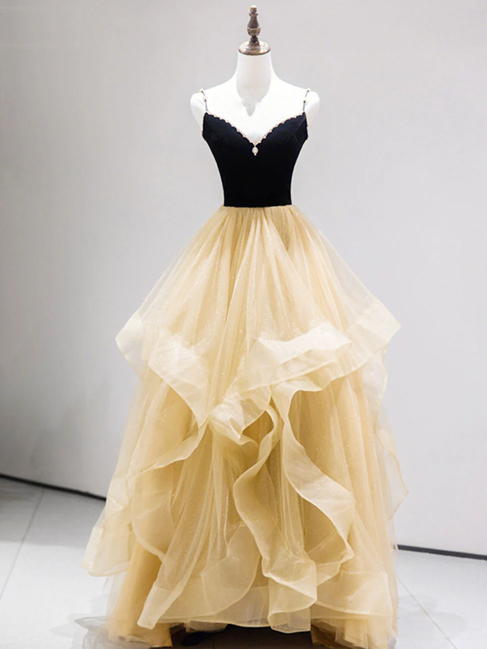 A-Line Champagne Tulle Long Prom Dresses, Velvet Graduation Dresses with Beading - Deanwangkt