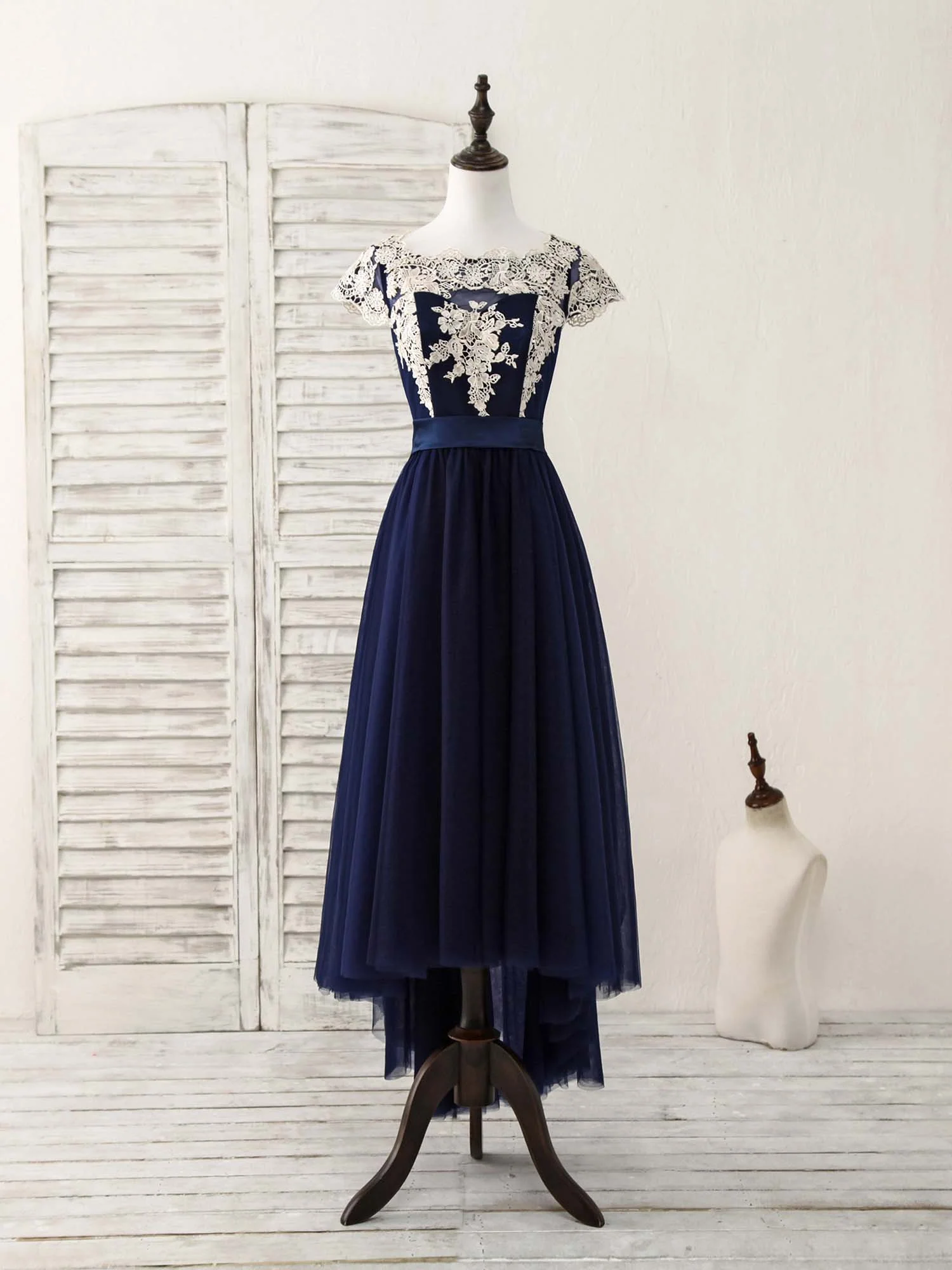 Dark Blue Tulle Lace Applique High Low Prom Dresses - Deanwangkt