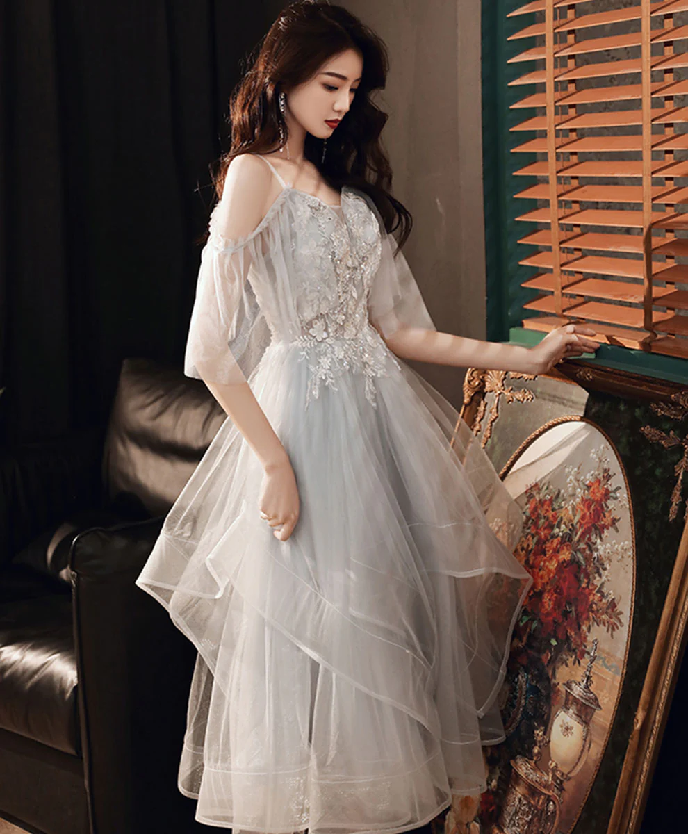 Gray Sweetheart Tulle Lace Short Prom Dress Gray Homecoming Dress - Deanwangkt